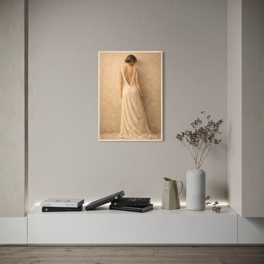 Framed art print titled "STILLNESS, HELD I — Standing" by LunarHeartCo, featuring a serene, minimalist design on a white background.