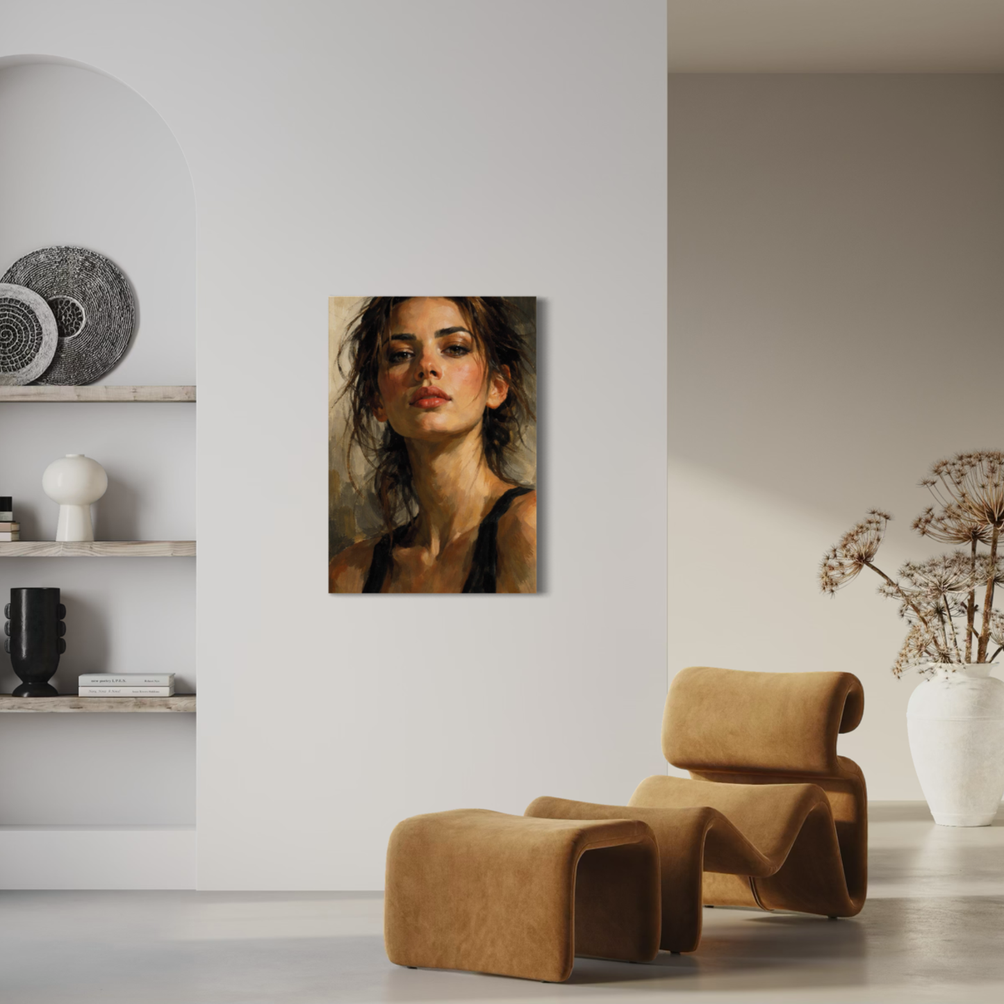LunarHeartCo Figure Study II tension canvas art featuring abstract human form with textured brushstrokes on a neutral background.