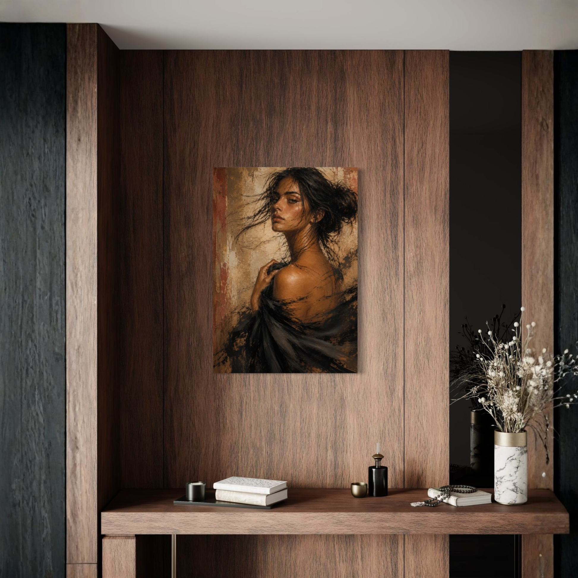 LunarHeartCo Figure Study VII Unravelling canvas art depicting abstract, flowing shapes on a textured canvas background.
