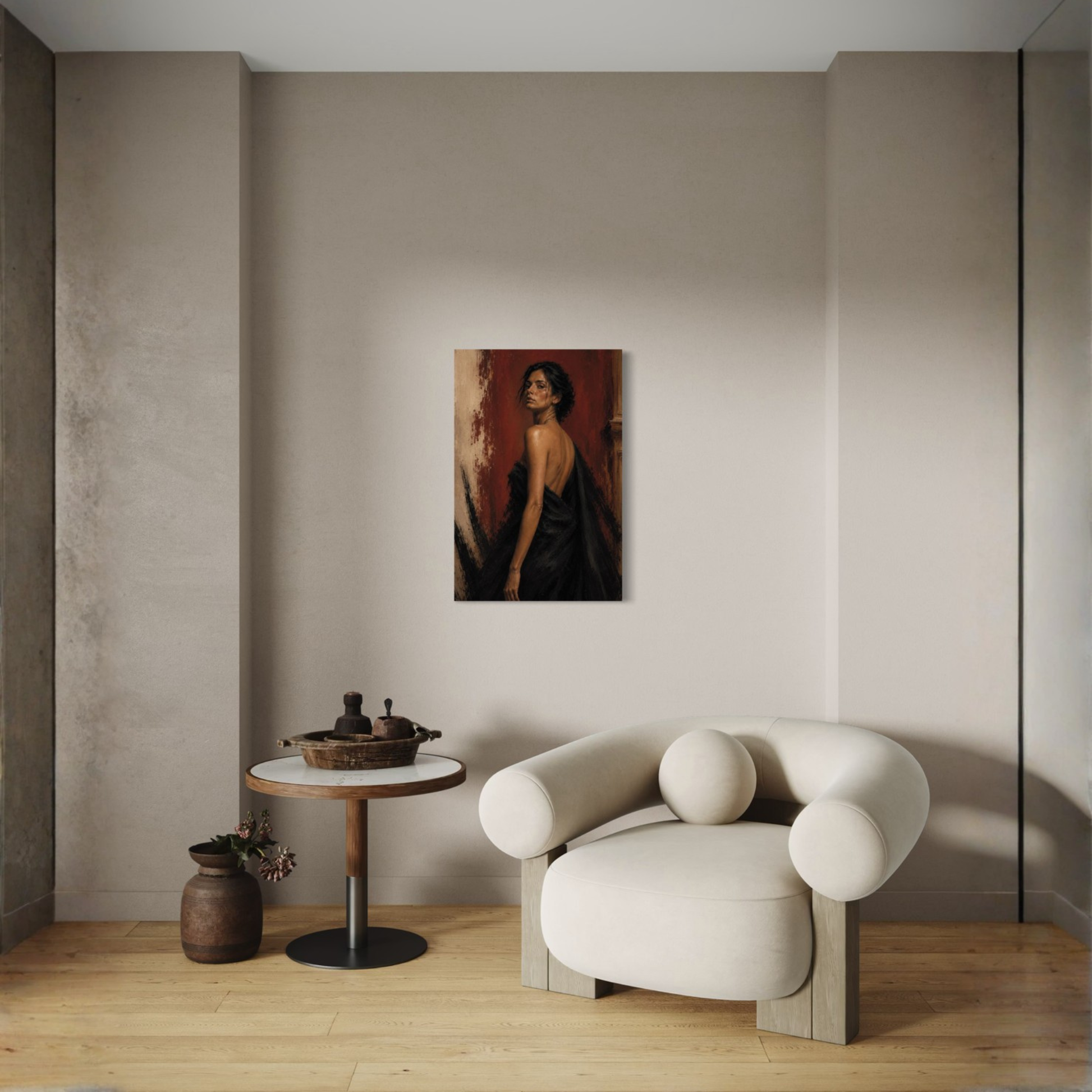 LunarHeartCo Figure Study IX artwork on canvas titled "Defiance," showcasing a detailed, expressive figure in a dynamic pose.