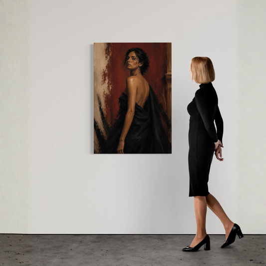 LunarHeartCo Figure Study IX canvas art titled "Defiance" featuring abstract human figure artwork on a textured canvas.