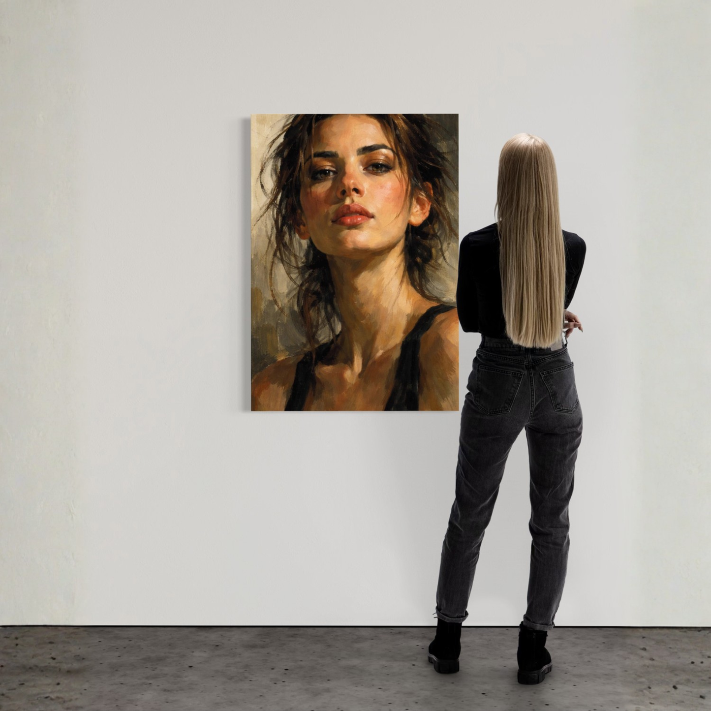 LunarHeartCo Figure Study II tension canvas art featuring abstract human figure in muted tones on textured canvas.