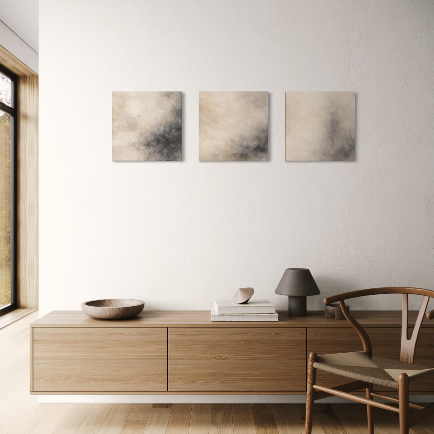 LunarHeartCo Mineral Drift Study Set I canvas triptych with 16x16 inch panels, featuring abstract mineral-inspired artwork.