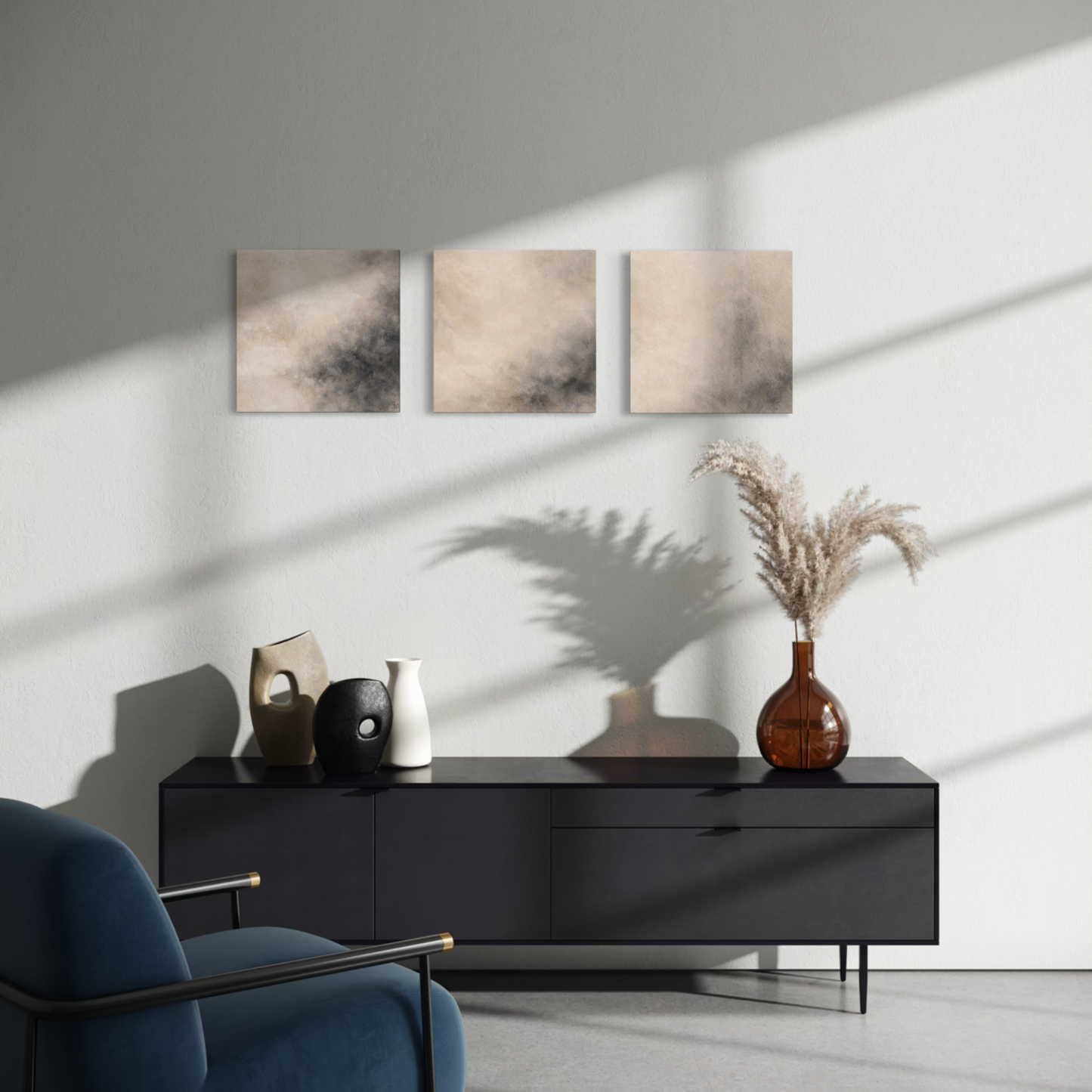 LunarHeartCo Mineral Drift study set featuring 16x16 inch canvas triptych artwork with abstract mineral-inspired designs.