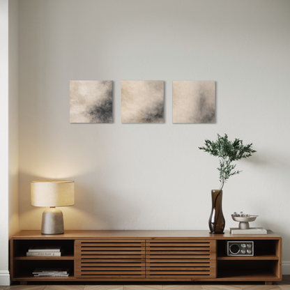 LunarHeartCo Mineral Drift Study Set I canvas art triptych with 16x16 inch panels featuring abstract mineral-inspired designs.