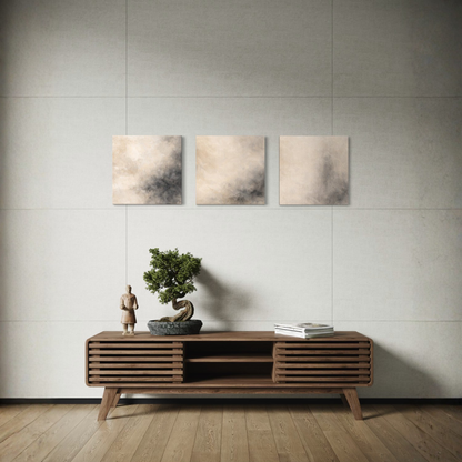 LunarHeartCo Mineral Drift Study Set I canvas triptych with 16x16 inch abstract mineral-inspired artwork in three panels.