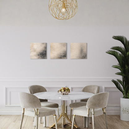 LunarHeartCo Mineral Drift study set with 16x16 canvas triptych artwork displayed on wall. Artistic mineral-themed canvas art.