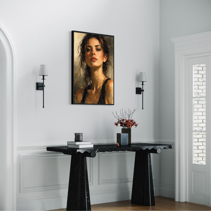 Framed wall art print "Figure Study II — Tension" by LunarHeartCo showcasing a minimalist, abstract human figure drawing.