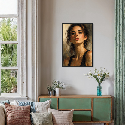 Framed wall art print "Figure Study II — Tension" by LunarHeartCo, showcasing a minimalist abstract figure in neutral tones.
