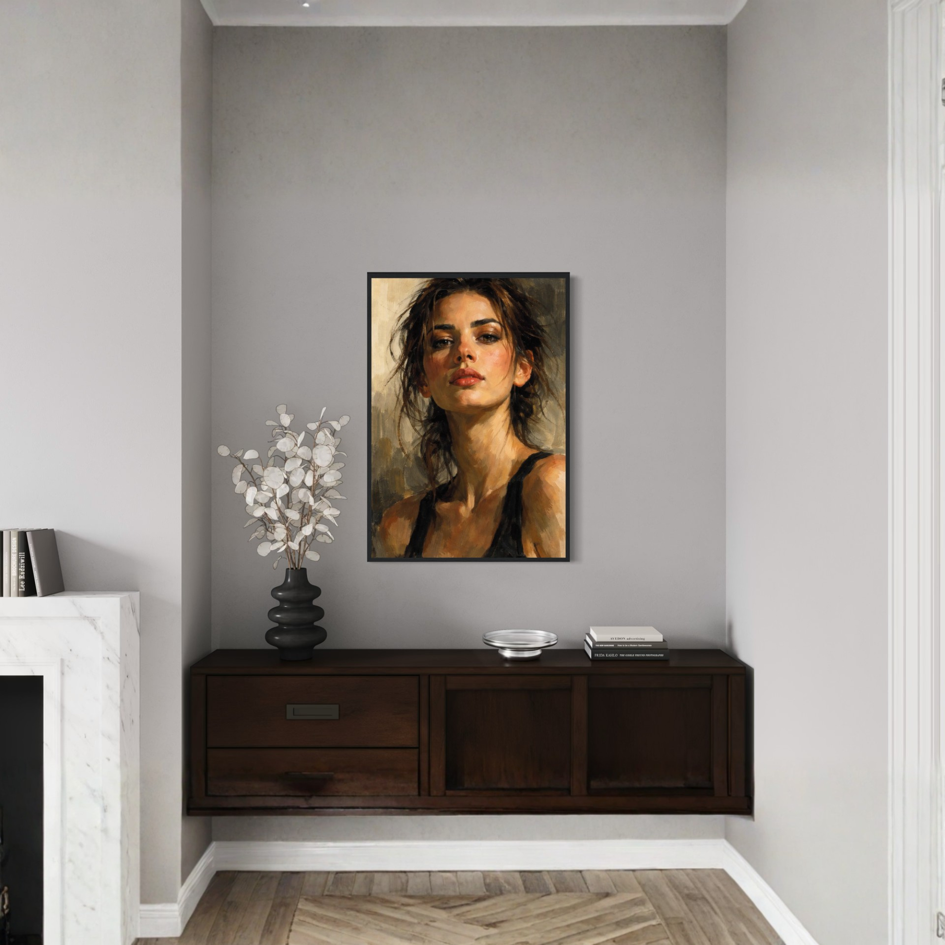 Framed wall art print of a figure study titled "Tension" by LunarHeartCo featuring a detailed human figure drawing.