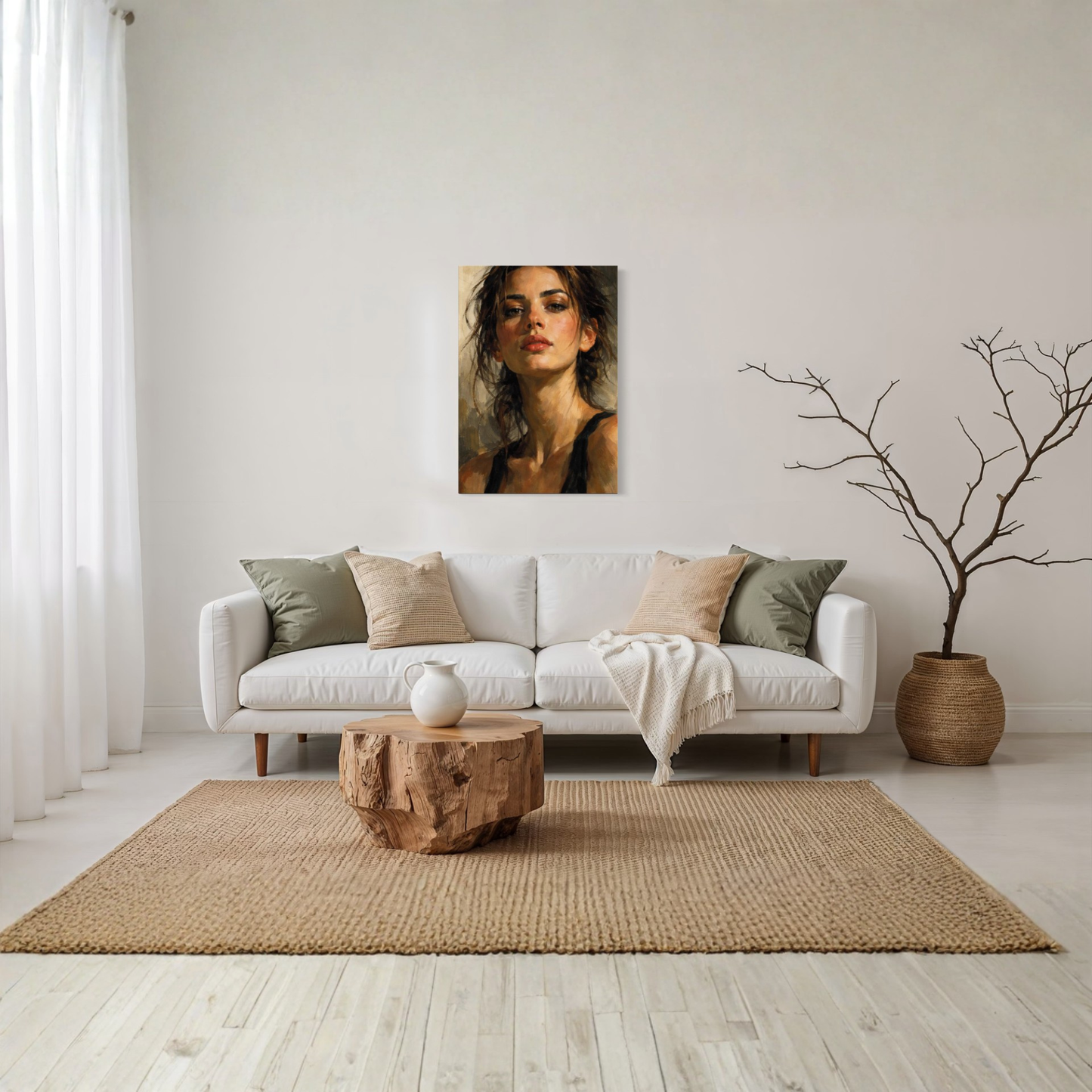 LunarHeartCo Figure Study II tension canvas art featuring abstract human form in neutral tones on textured canvas.