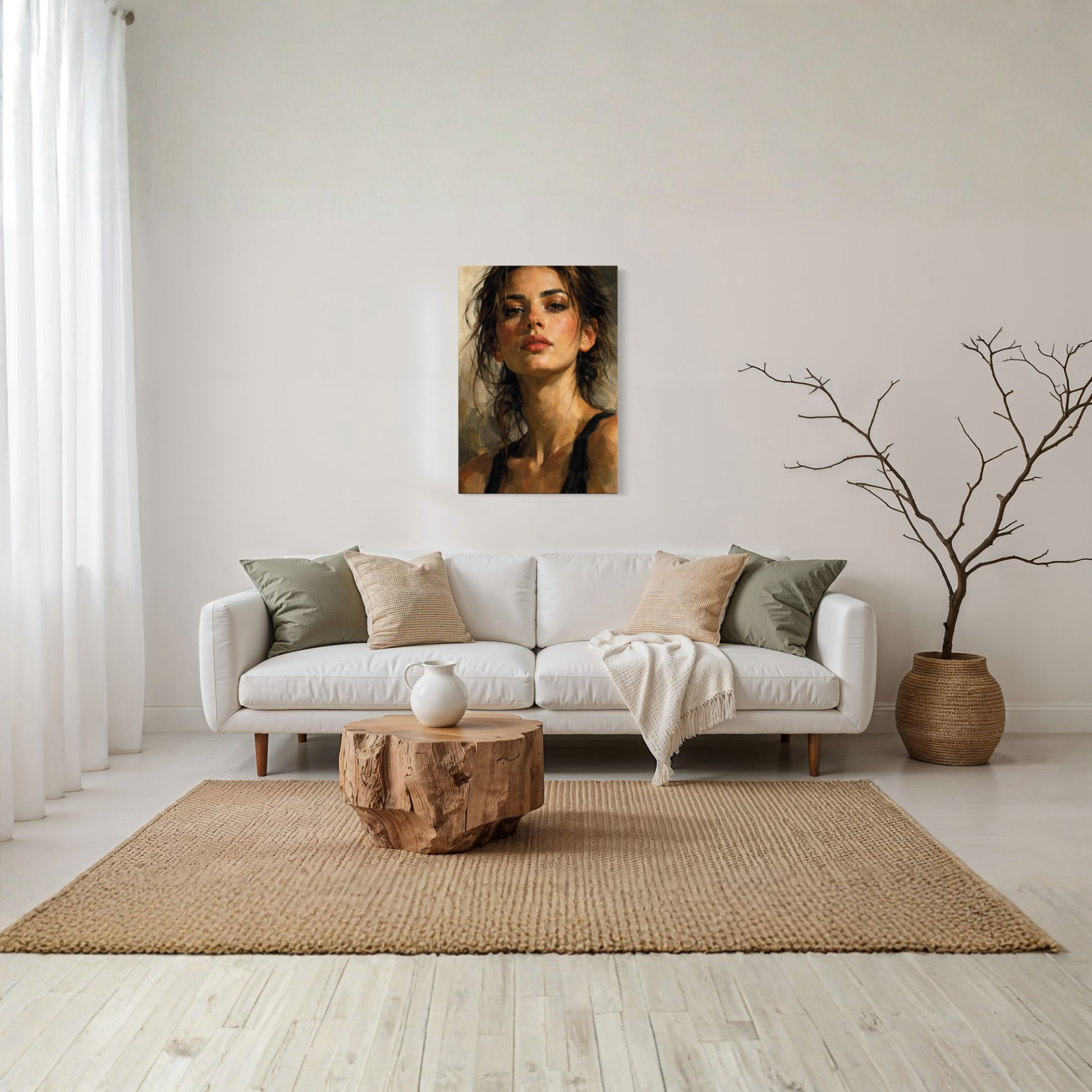 LunarHeartCo Figure Study II tension canvas art featuring abstract human form in neutral tones on textured canvas.