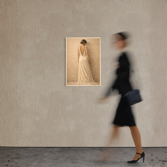 Framed art print titled "STILLNESS, HELD I — Standing" by LunarHeartCo, featuring a serene, minimalist design on a white background.
