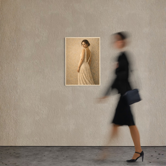 Framed art print titled "STILLNESS, HELD III — Turning" by LunarHeartCo featuring abstract, muted-toned artwork in a sleek frame.