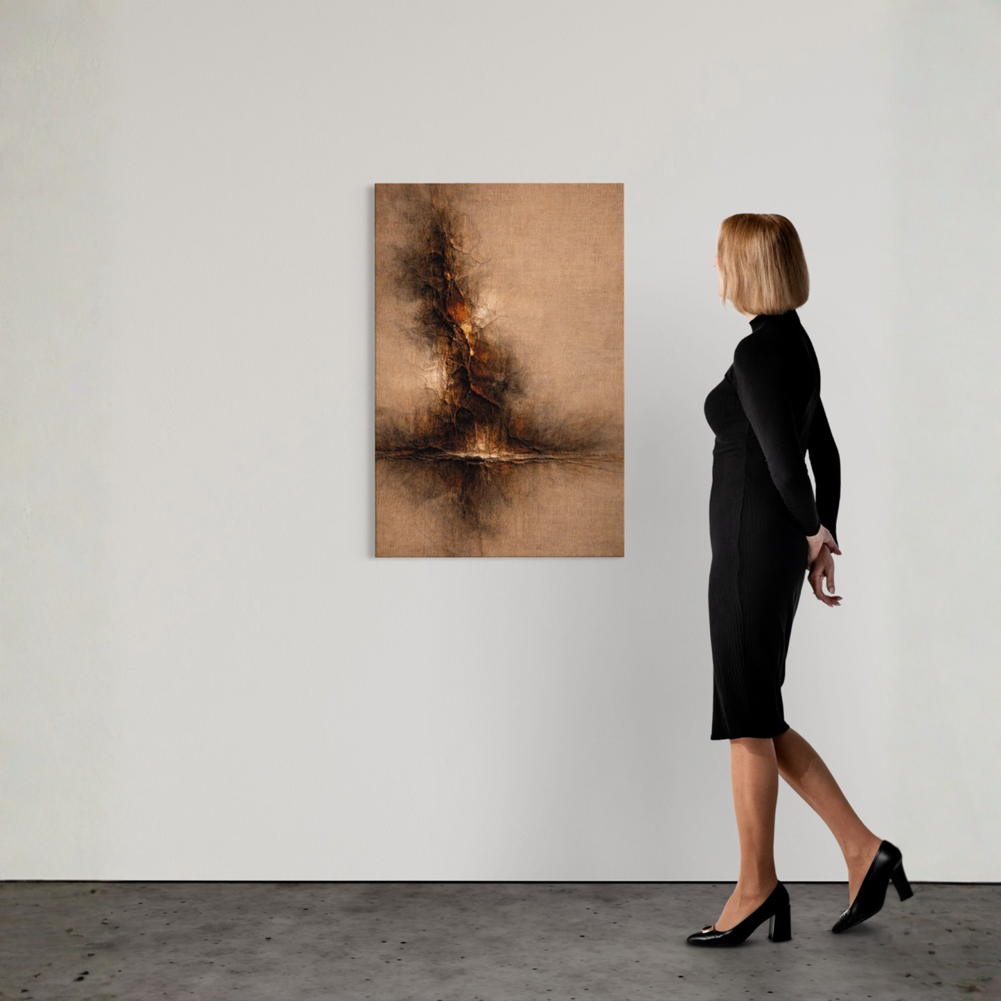 LunarHeartCo STRATA I vertical rupture canvas art featuring abstract, textured design in muted tones on a stretched canvas.