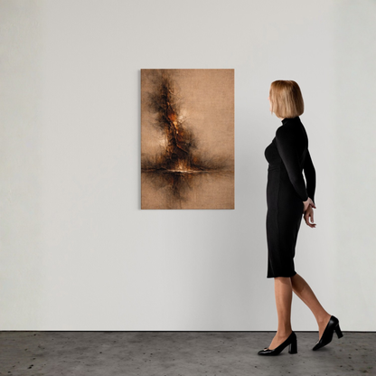 LunarHeartCo STRATA I vertical rupture canvas art featuring abstract, textured design in muted tones on a stretched canvas.