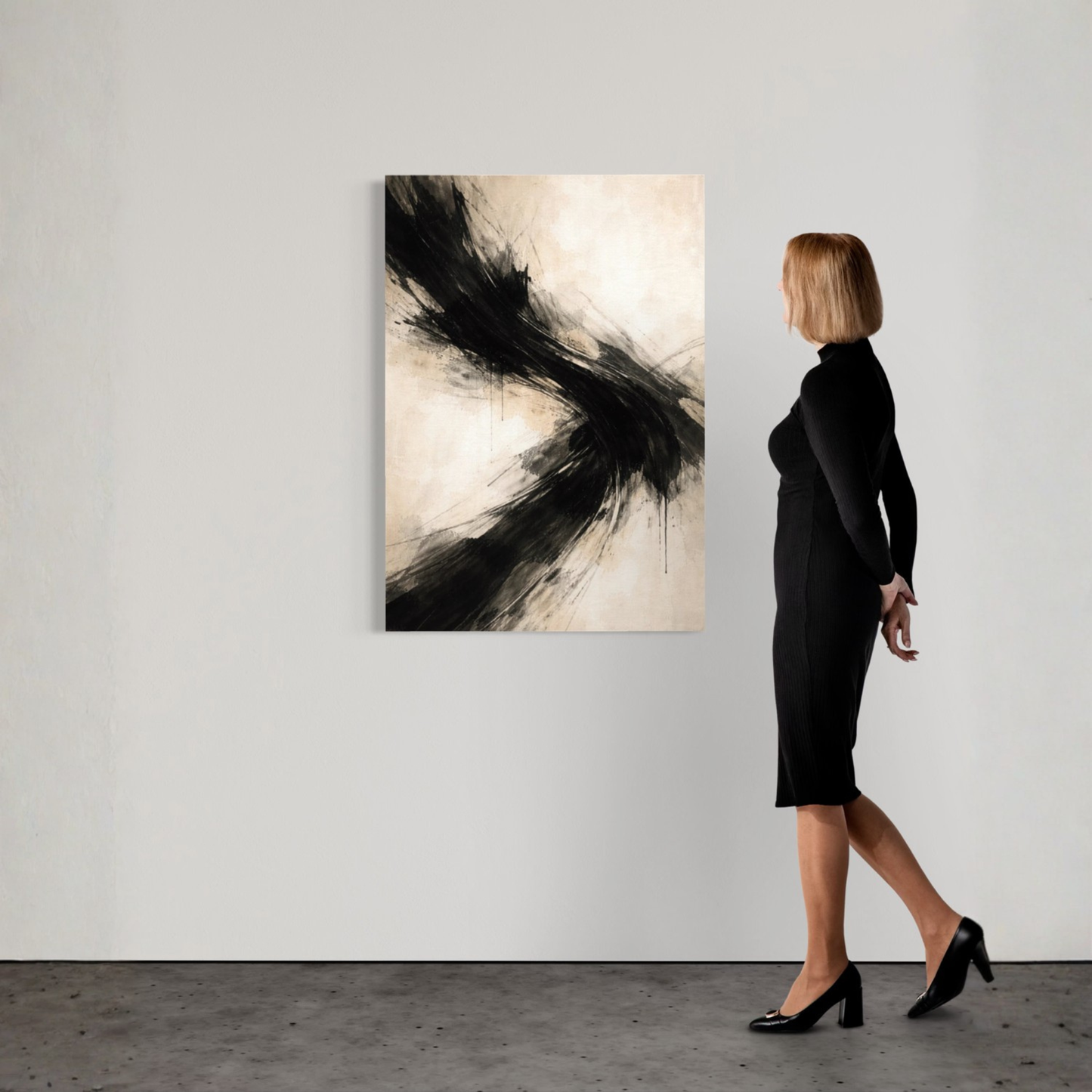 LunarHeartCo AXIS I Convergence canvas art featuring abstract swirling black, white, and gray design on stretched canvas.