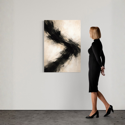 LunarHeartCo AXIS I Convergence canvas art featuring abstract swirling black, white, and gray design on stretched canvas.