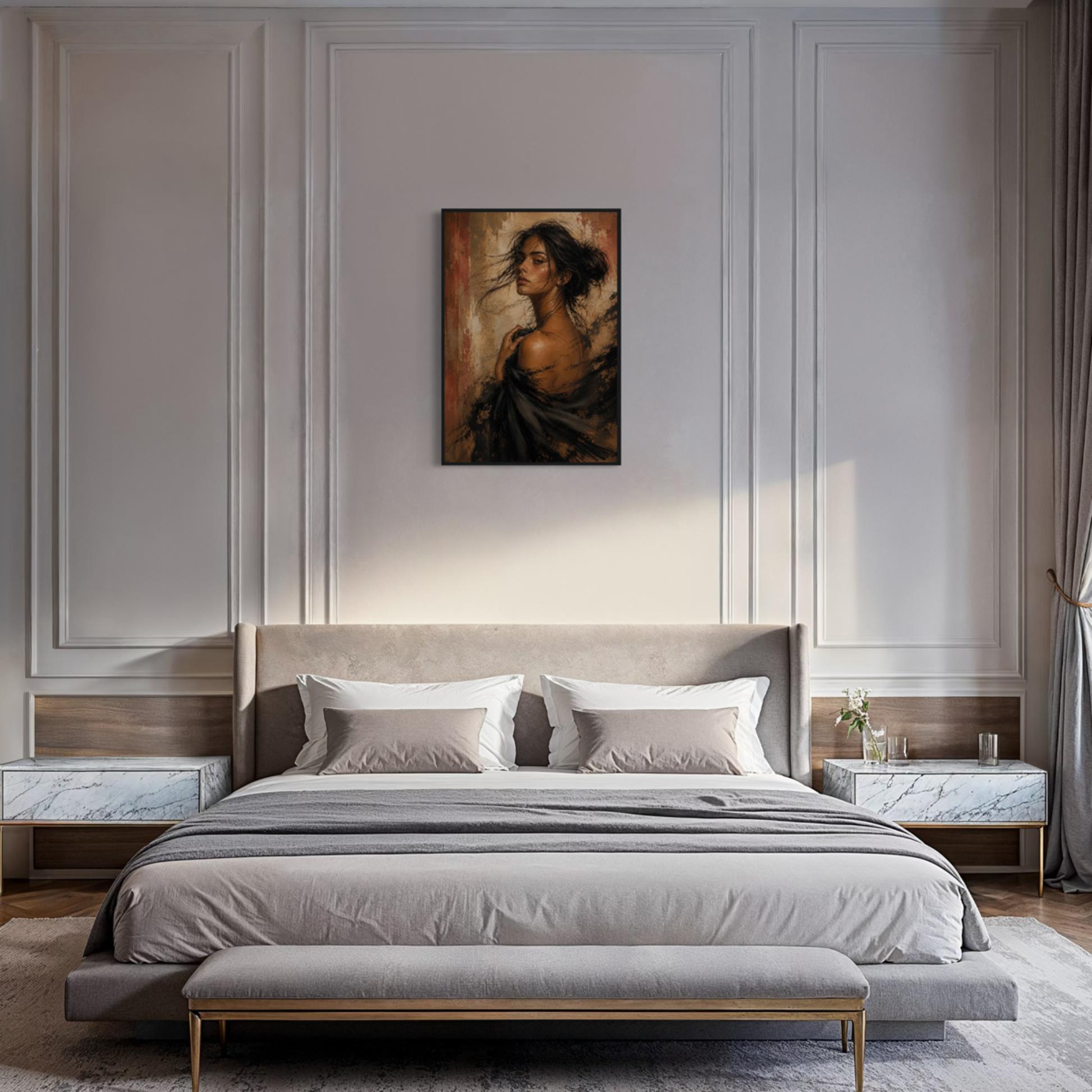 Framed art print "FIGURE STUDY VII — Unravelling" by LunarHeartCo, showcasing an abstract figure study in a sleek frame.