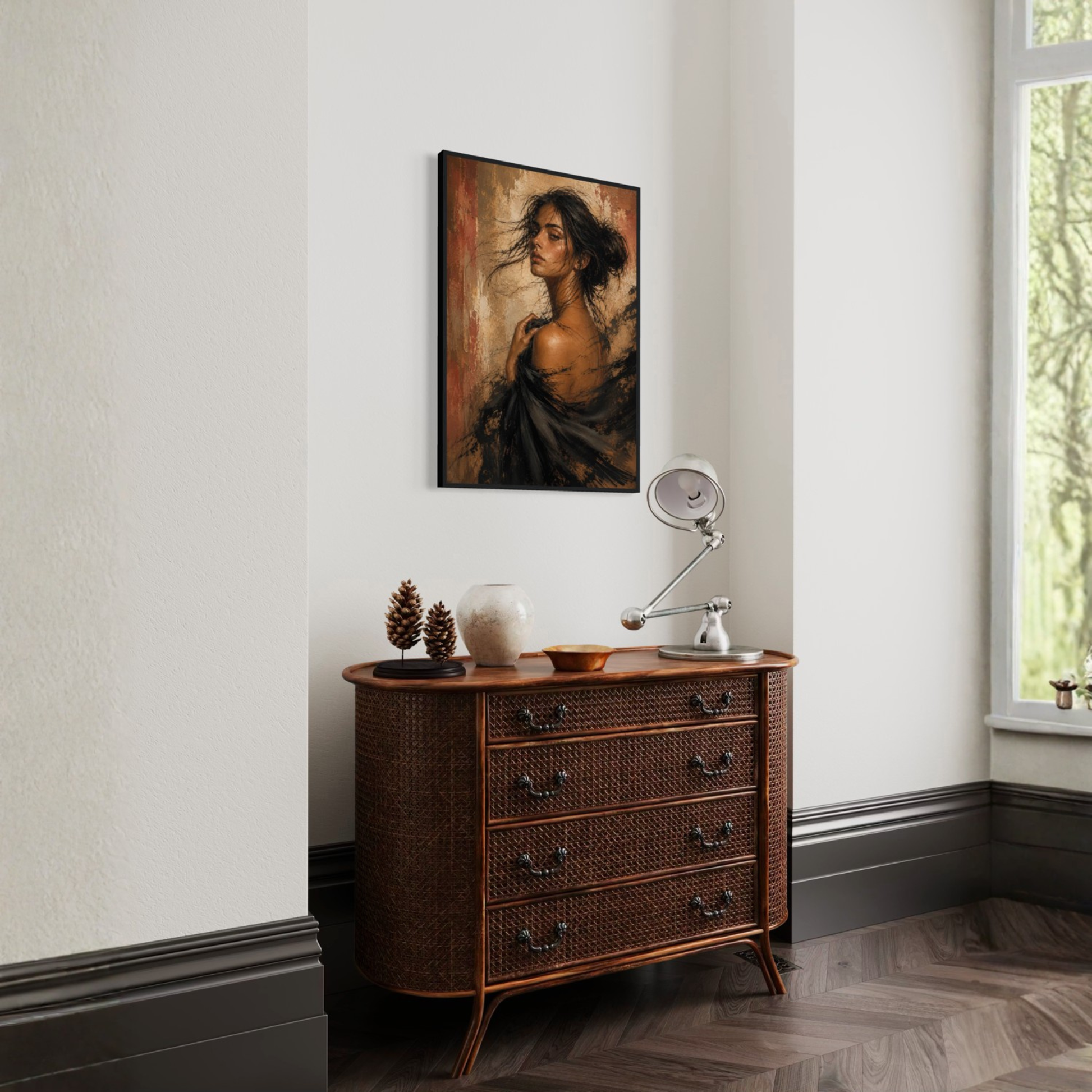 Framed art print titled "Figure Study VII — Unravelling" by LunarHeartCo, featuring a detailed sketch of a human figure on white background.