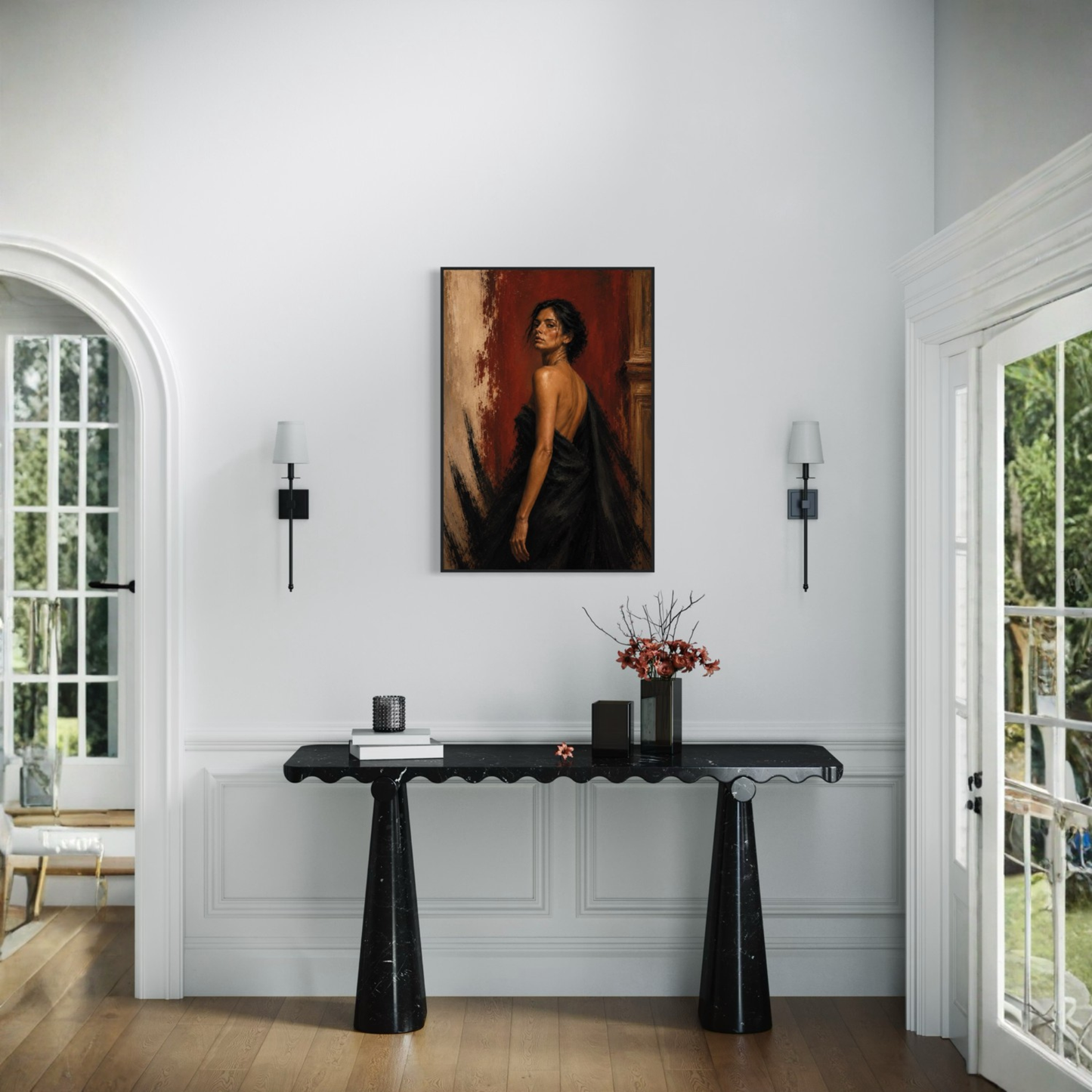 Framed art print titled "Defiance" by LunarHeartCo, featuring a detailed figure study with bold artistic style.
