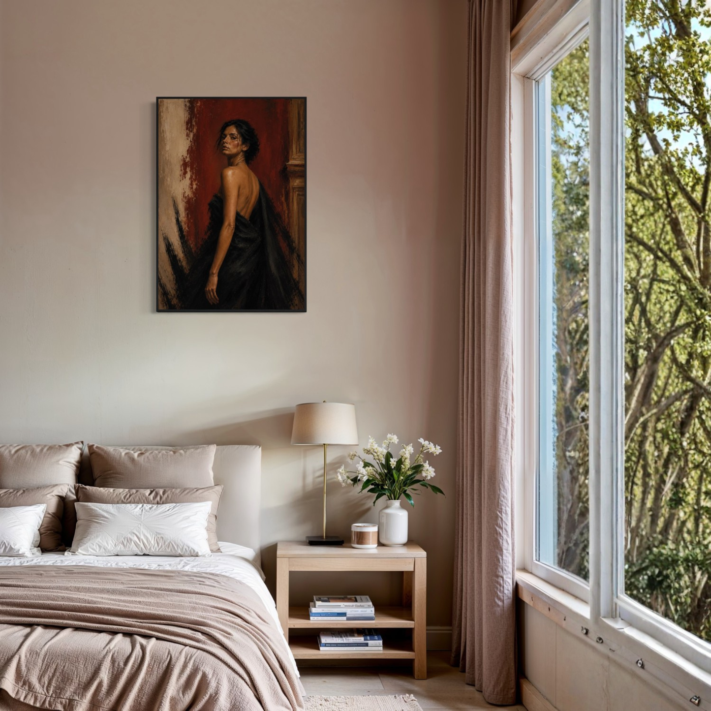 Framed art print "Figure Study IX — Defiance" by LunarHeartCo, showing a detailed black and white figure illustration in a sleek frame.