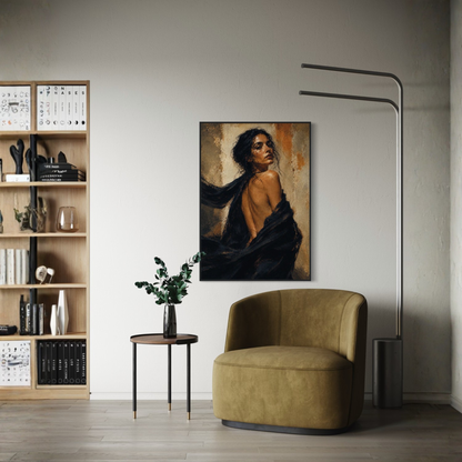 Framed art print titled "FIGURE STUDY X — Resolve" by LunarHeartCo, featuring a minimalist abstract figure in neutral tones.