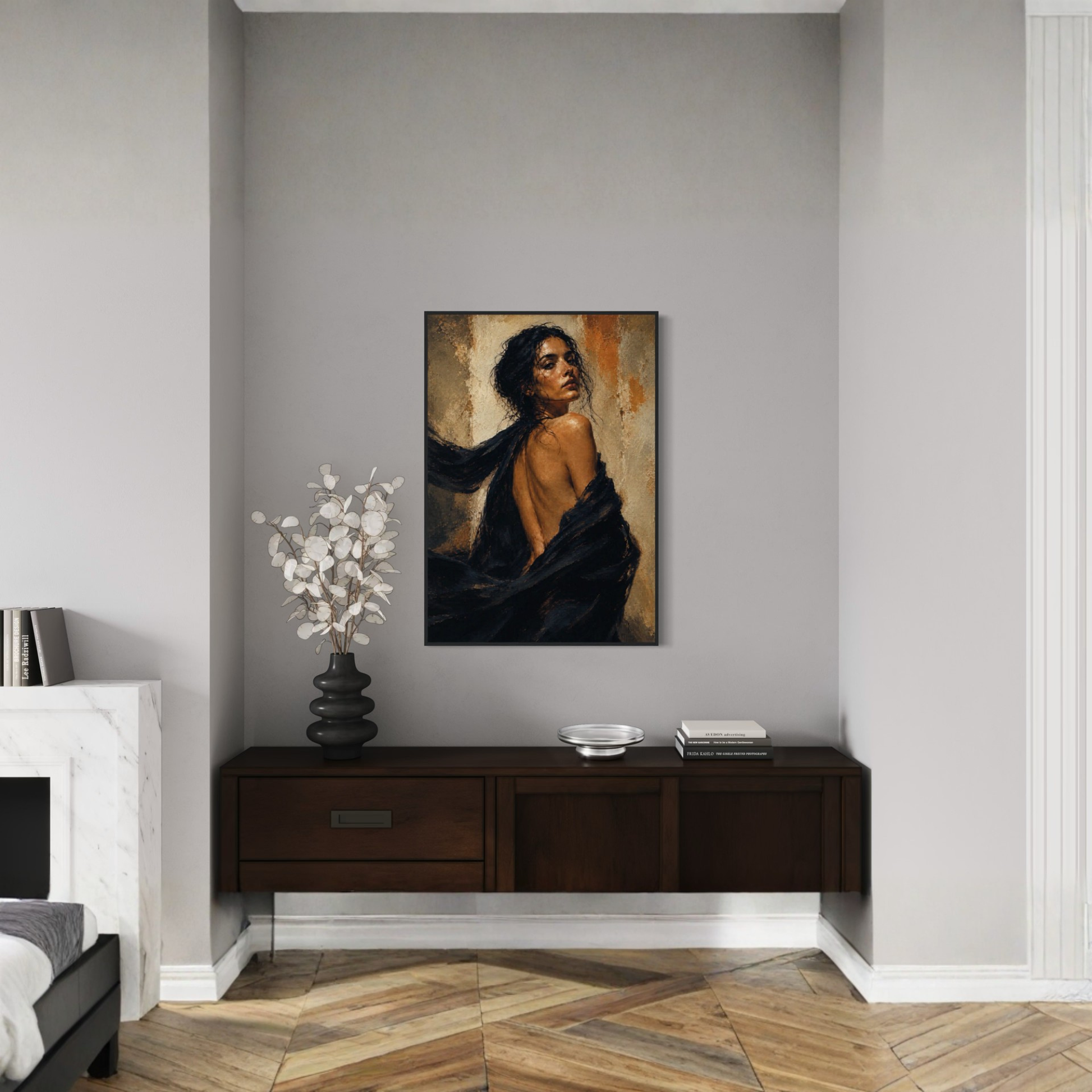 Framed art print titled "FIGURE STUDY X — Resolve" by LunarHeartCo, showcasing a detailed figure study artwork in a sleek frame.