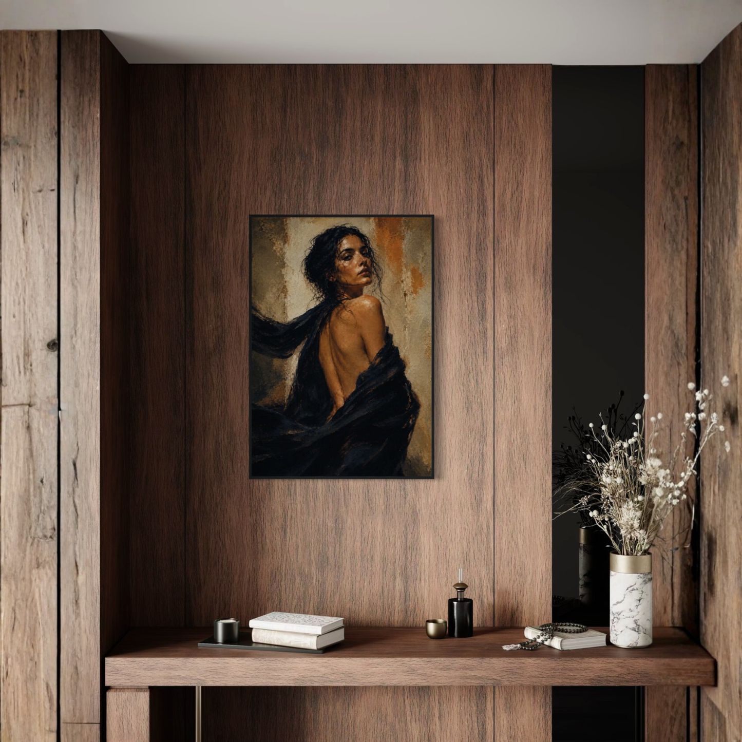 Framed art print titled "FIGURE STUDY X — Resolve" by LunarHeartCo, showcasing a detailed figure study artwork in a sleek frame.