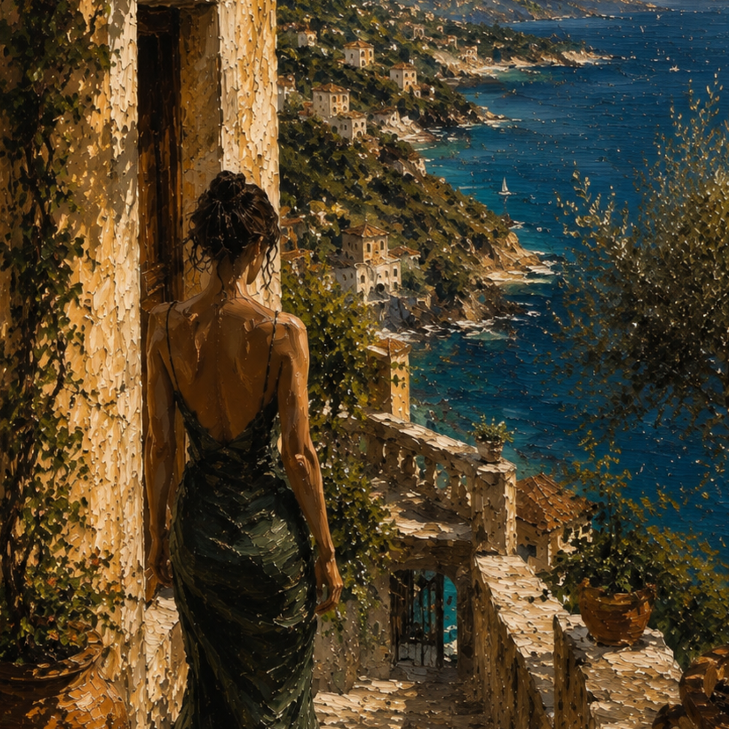 Woman in a green dress standing on a stone staircase overlooking a coastal town.