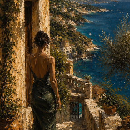 Woman in a green dress standing on a stone staircase overlooking a coastal town.