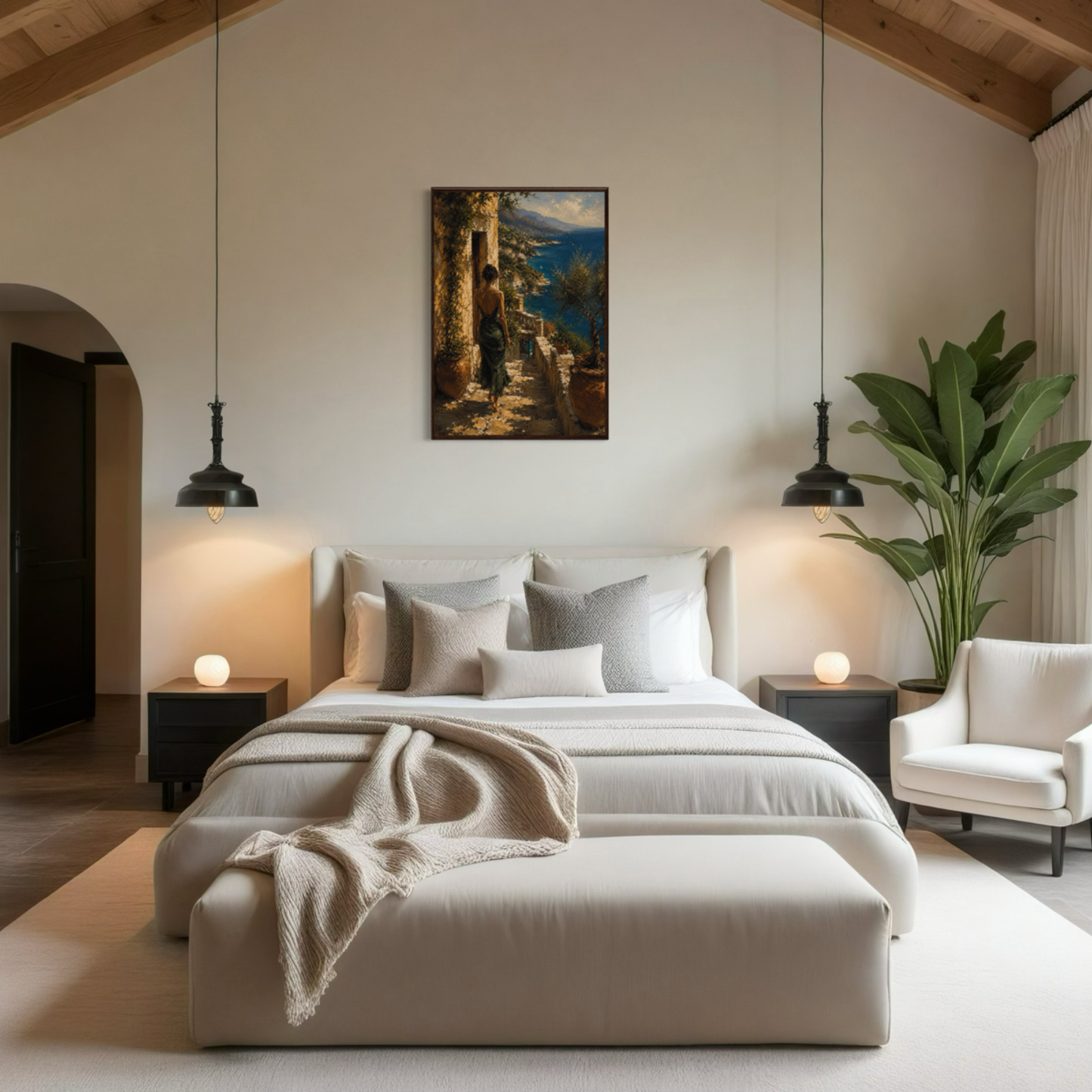 Modern bedroom with a bed, nightstands, and coastal wall art.