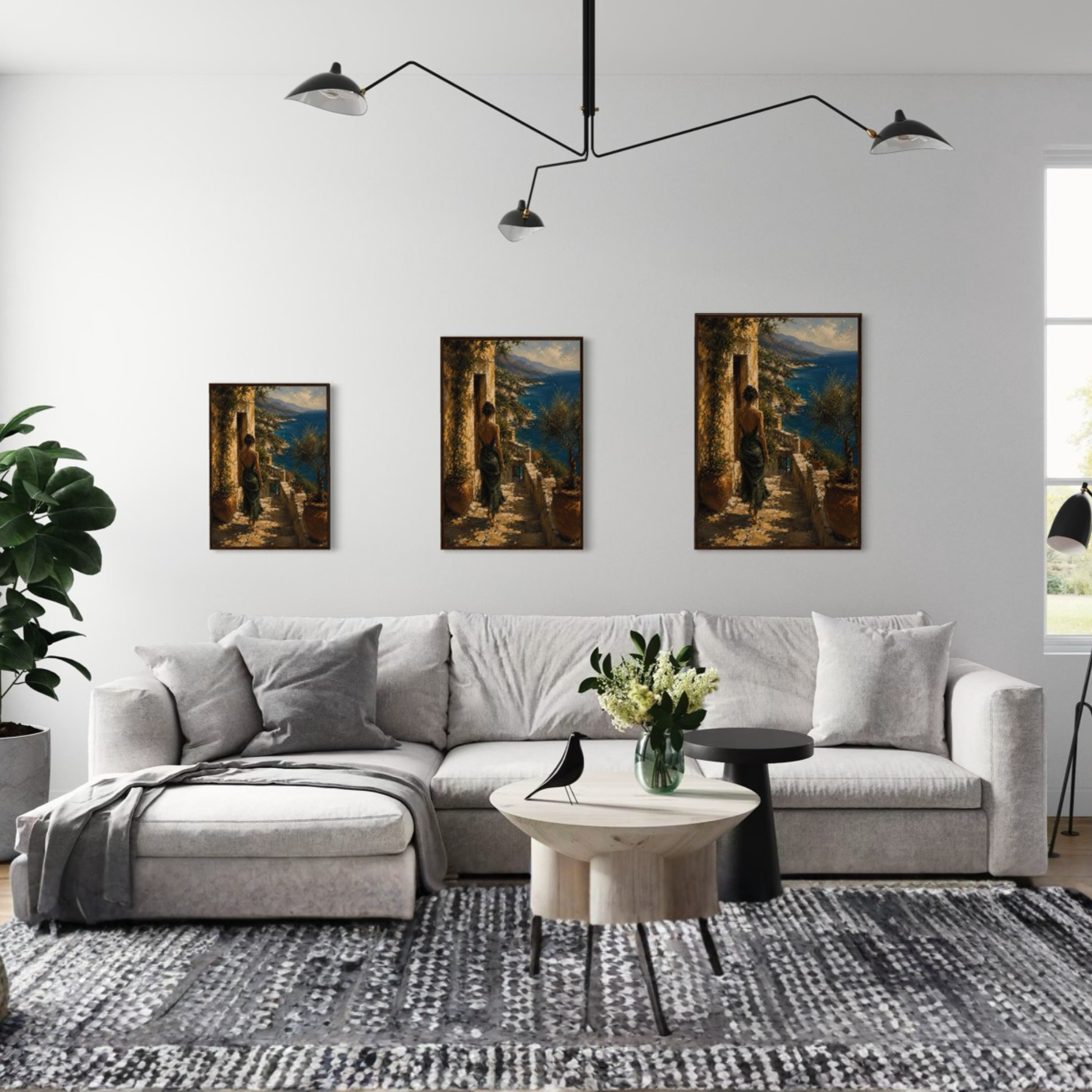 Modern living room with a gray sectional sofa, round coffee table, and wall art.
