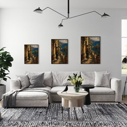Modern living room with a gray sectional sofa, round coffee table, and wall art.