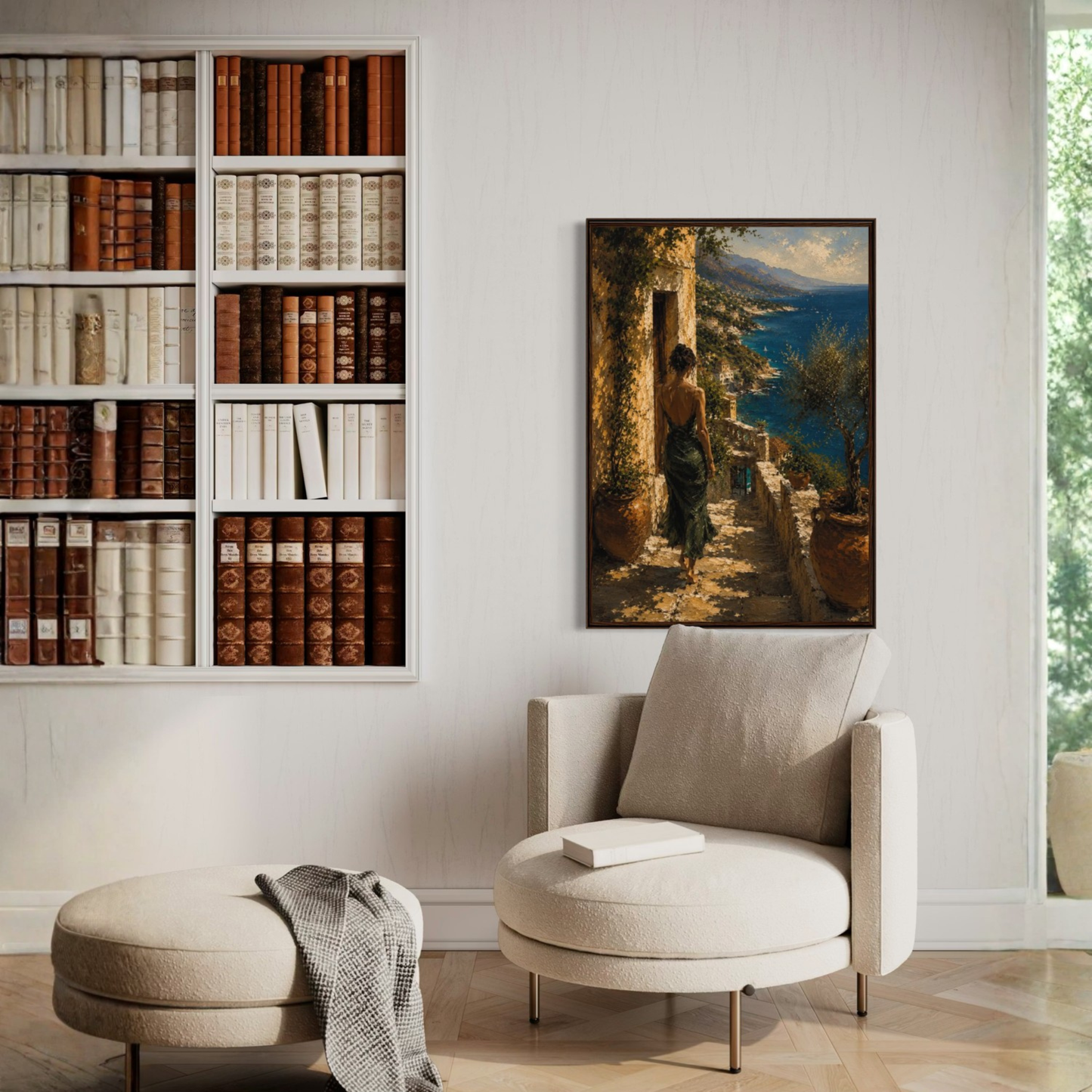 Living room with bookshelf, armchair, ottoman, and luxury wall art