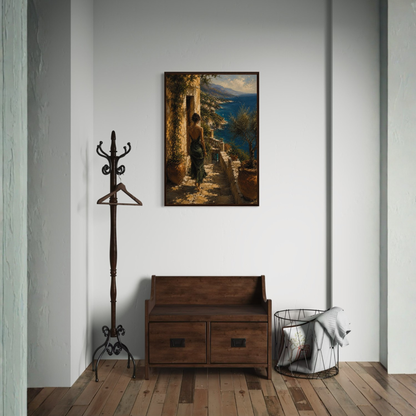 Room interior with a coat rack, wooden bench, and luxury wall art depicting a scenic landscape.