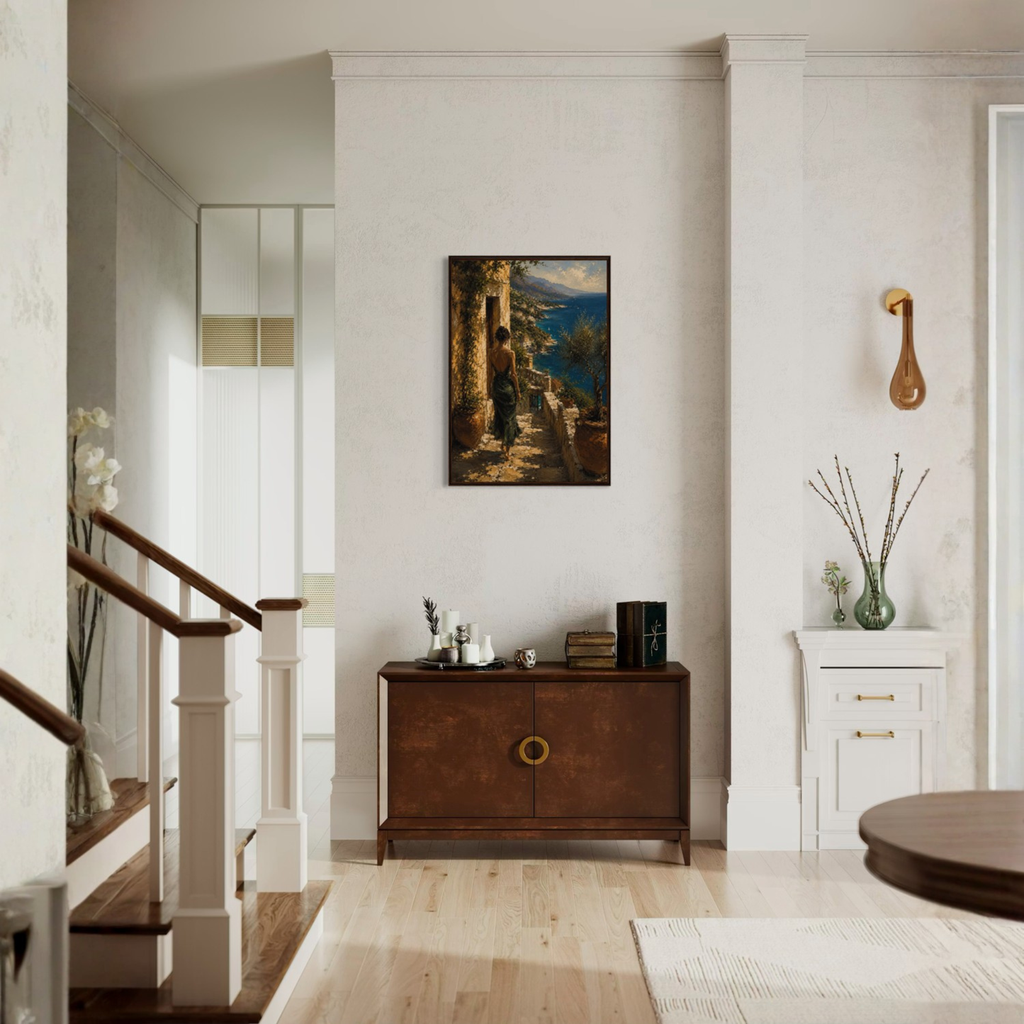Staircase with wooden railing in a home interior, featuring a Mediterranean framed art on the wall.