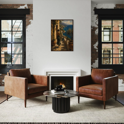 Modern living room with brown leather chairs, a coffee table, a fireplace and Mediterranean wall art.
