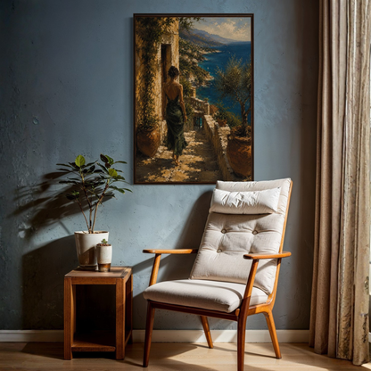 Chair with cushioned backrest in a room with a Mediterranean wall art on the wall and a plant on a side table.