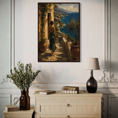 Mediterranean framed painting of a woman on a staircase with a scenic view, above a decorative cabinet with a lamp and books.