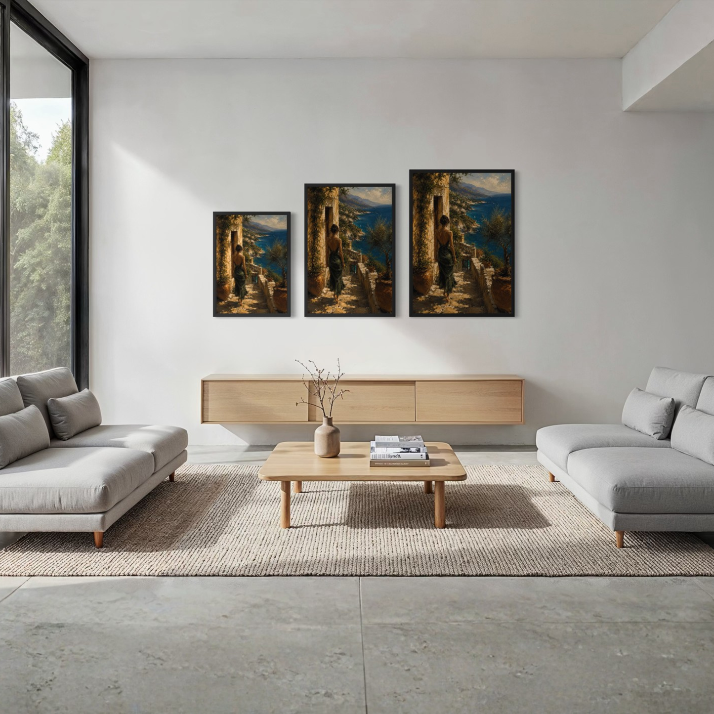 Modern living room with gray sofas, wooden coffee table, and luxury wall art.