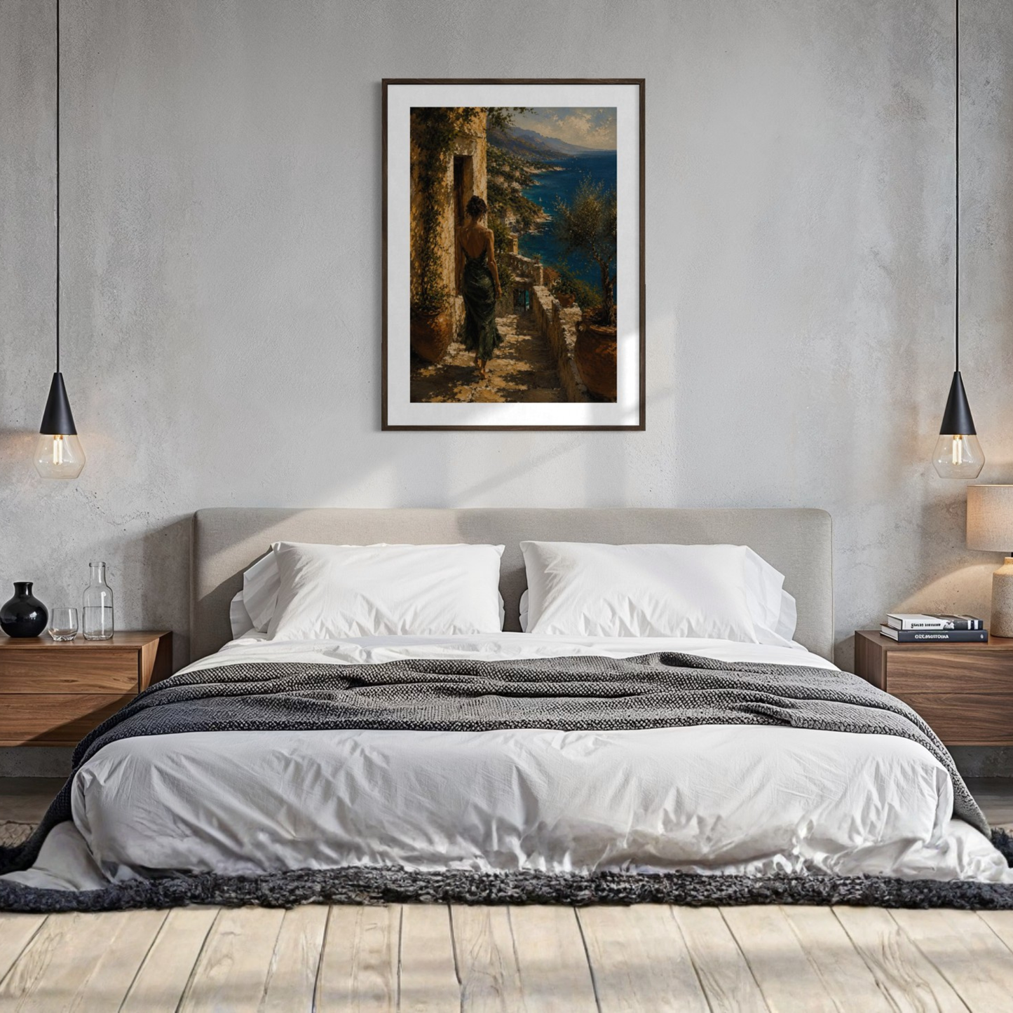 Modern bedroom with a bed, nightstands, and a Mediterranean framed art on the wall.
