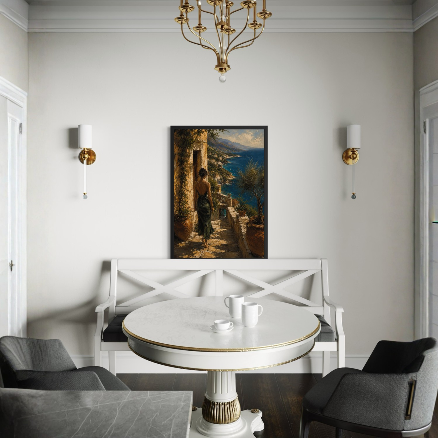Museum-quality fine art print of Mediterranean Studies—Arrival wall art by LunarHeartCo, featuring vibrant colors and detailed scene.