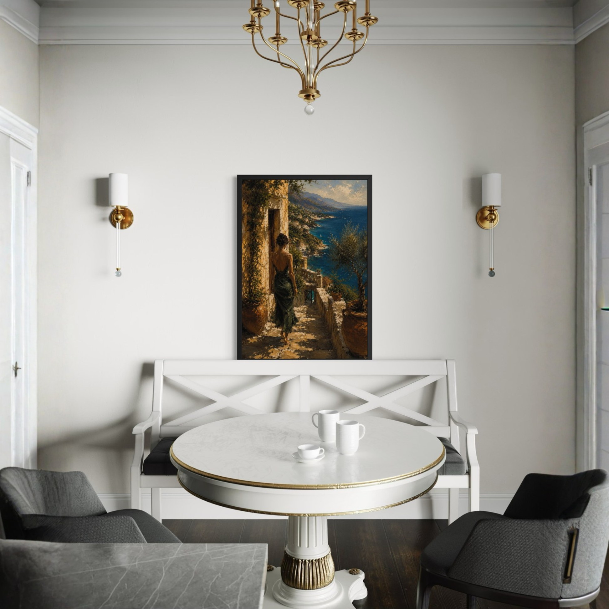 Museum-quality fine art print of Mediterranean Studies—Arrival wall art by LunarHeartCo, featuring vibrant colors and detailed scene.