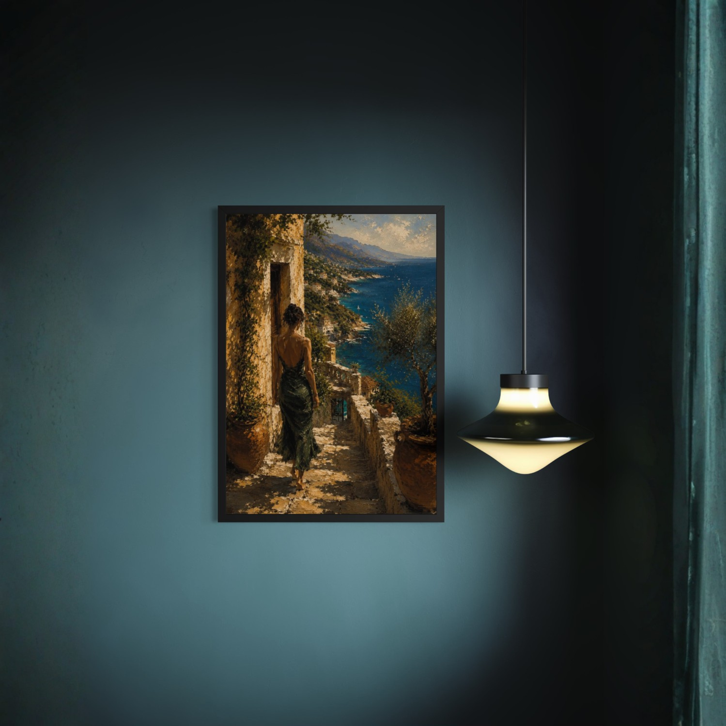 Luxury wall art of a woman by the sea on a dark blue wall with a hanging light fixture.