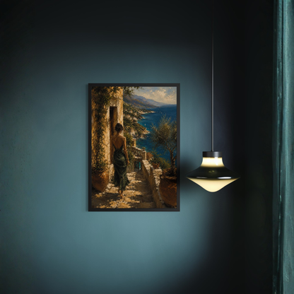 Luxury wall art of a woman by the sea on a dark blue wall with a hanging light fixture.