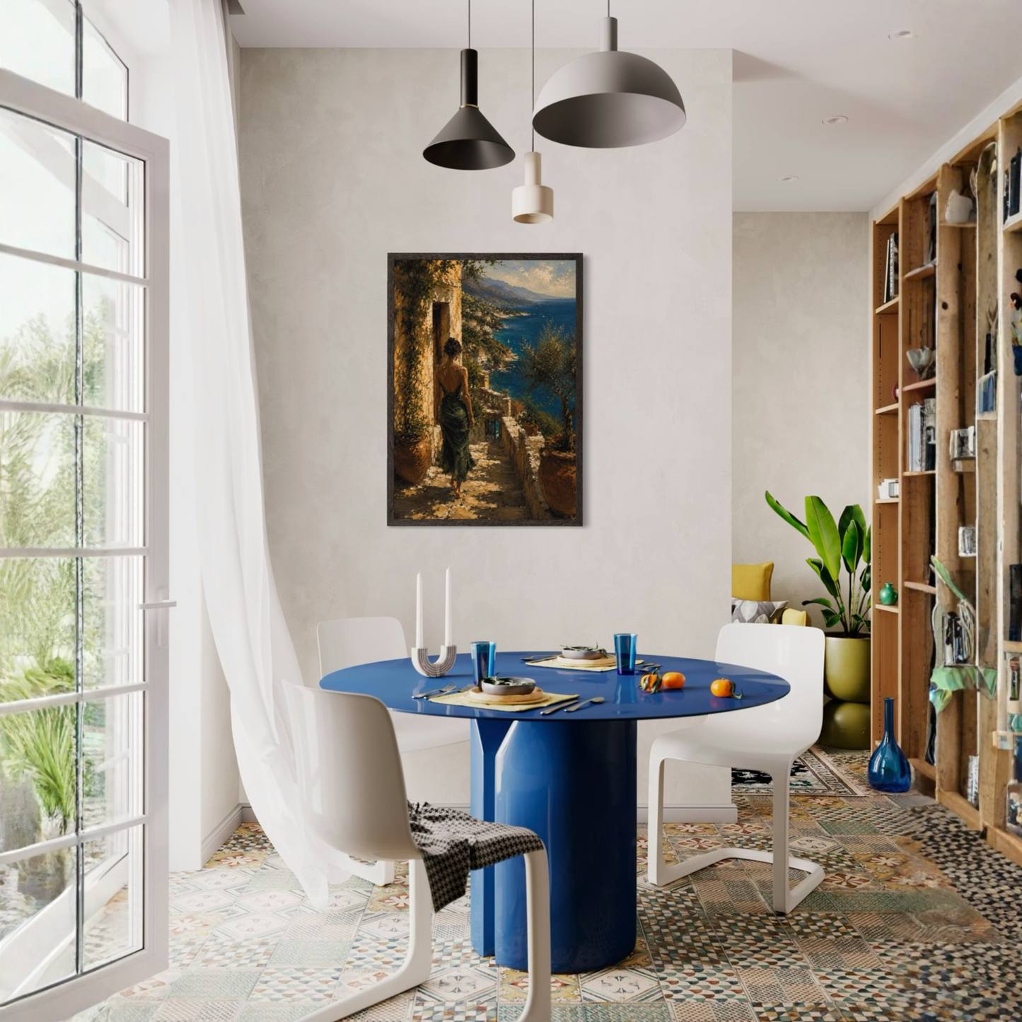 Modern dining room with a blue table, white chairs, a large window ans a luxury wall art.