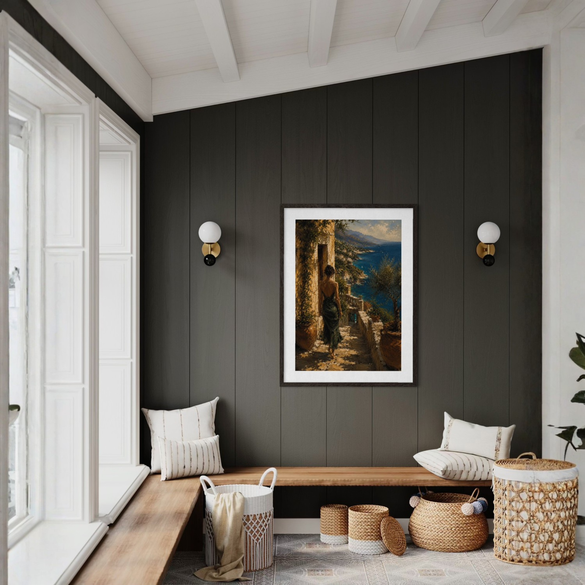 Modern interior with dark paneled walls, a wooden bench, and a Mediterranean framed art.