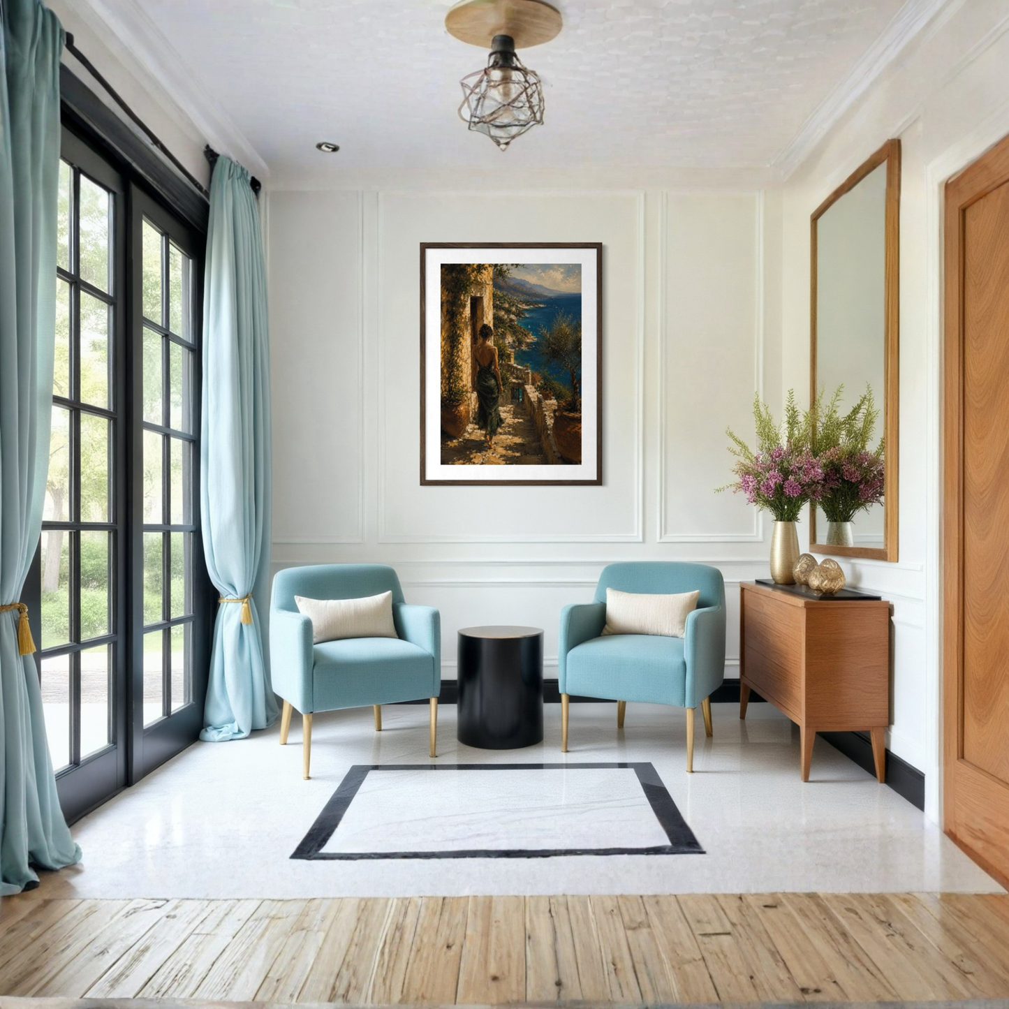 Modern living room with blue armchairs, a black side table, and a coastal wall art on the wall.