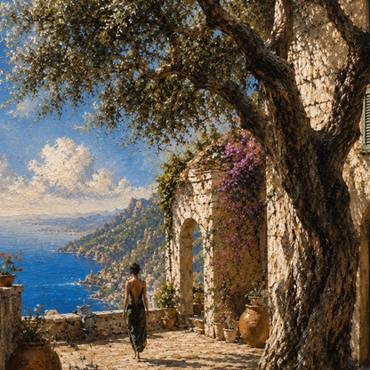 Framed wall art print titled "The Grove" featuring Mediterranean landscape scene by LunarHeartCo, suitable for home decor.